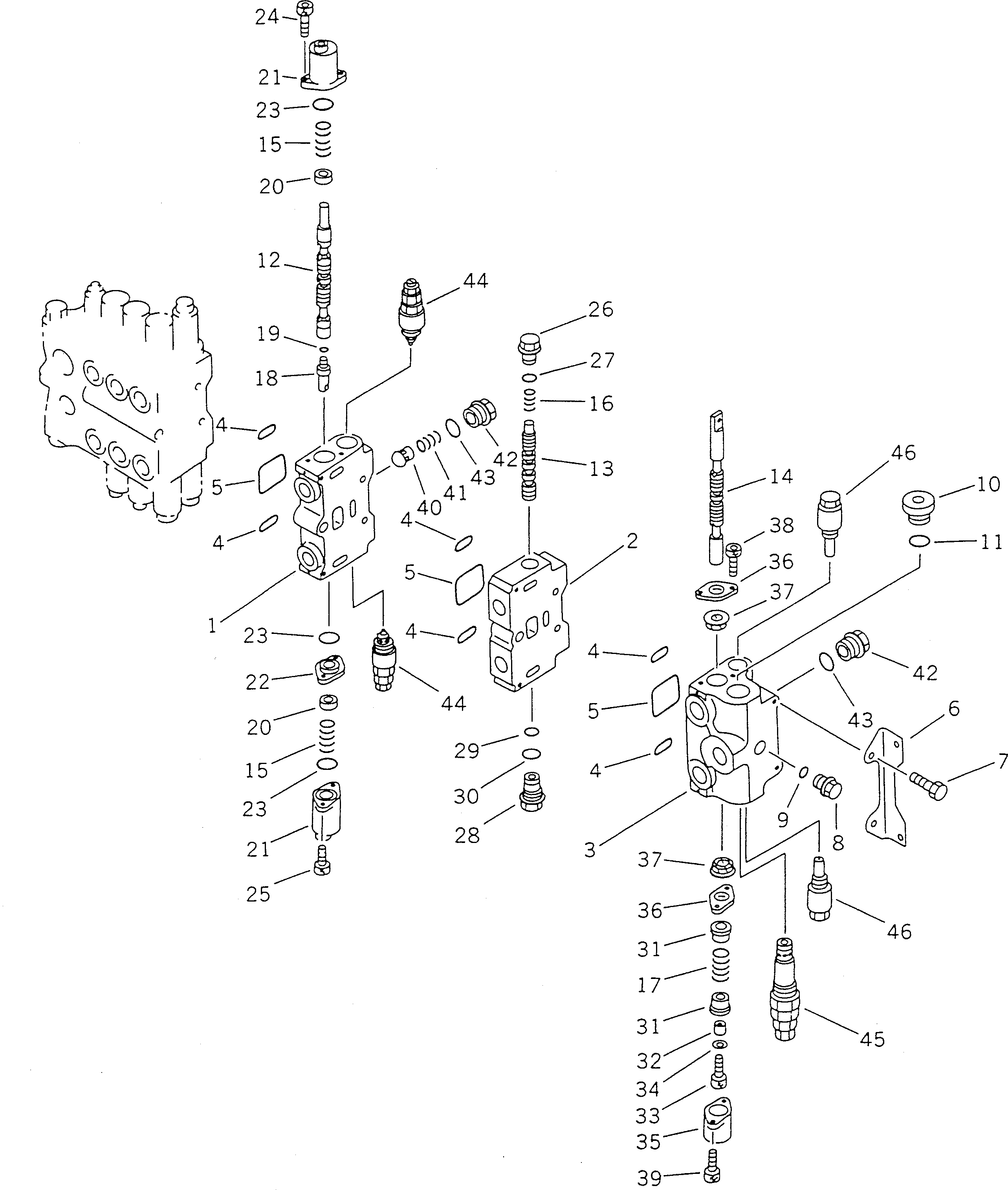 Komatsu parts book diagram for PC100-5 S/N 28001-UP: HYDRAULIC CONTROL VALVE R.H. (2/4) (WITH SERVICE VALVE)(#32402-)