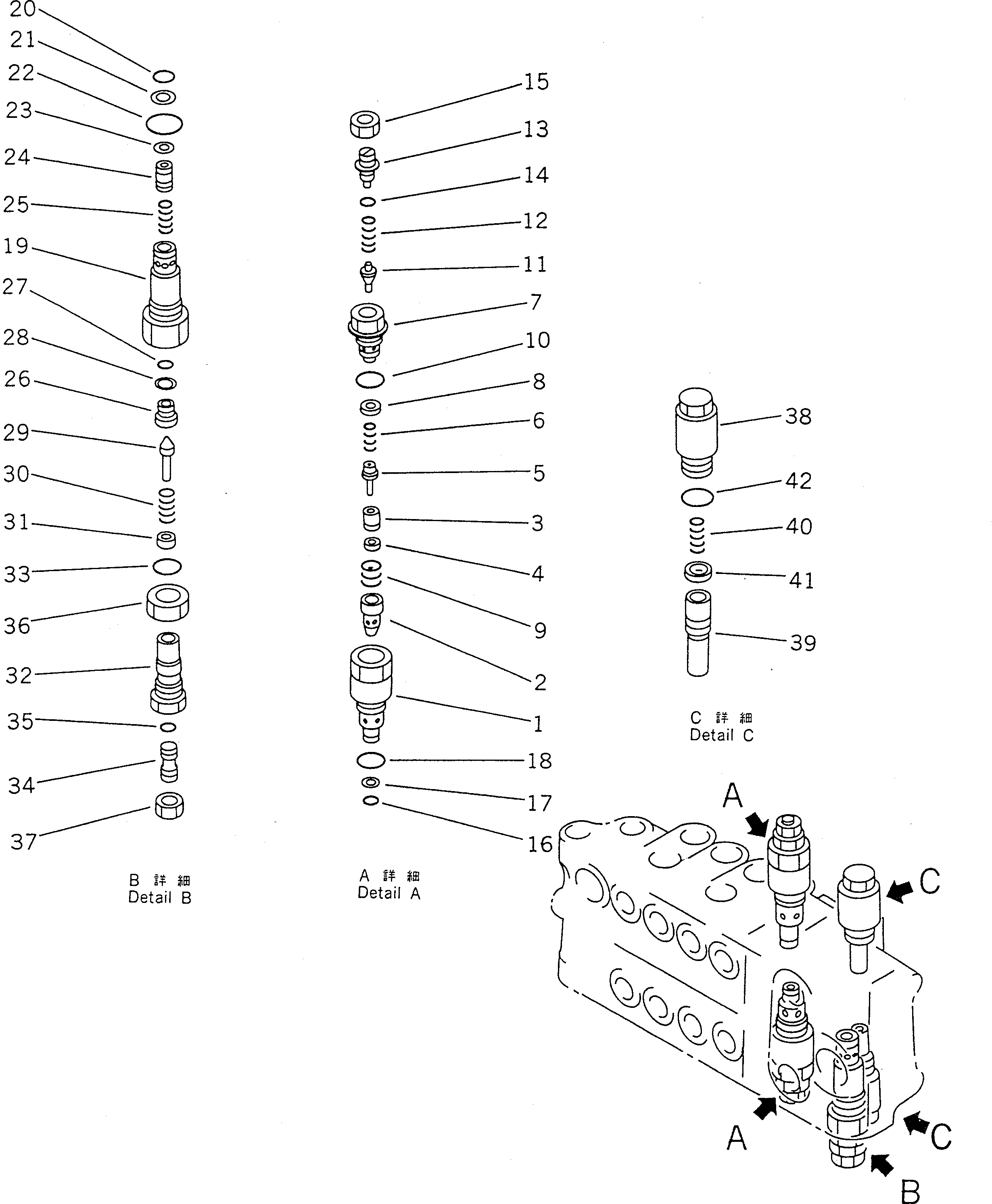 Komatsu parts book diagram for PC100-5 S/N 28001-UP: HYDRAULIC CONTROL VALVE R.H. (4/4) (WITH SERVICE VALVE)(#28001-32401)