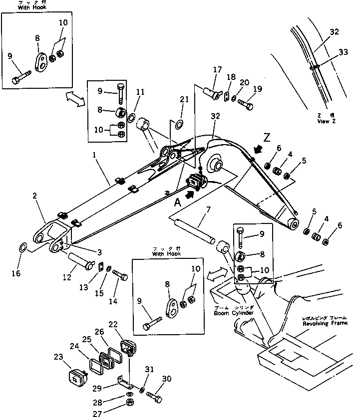 Komatsu parts book diagram for PC100-5 S/N 28001-UP: BOOM (WITH WORK EQUIPMENT LUBRICATION PIPING)(#28001-29805)