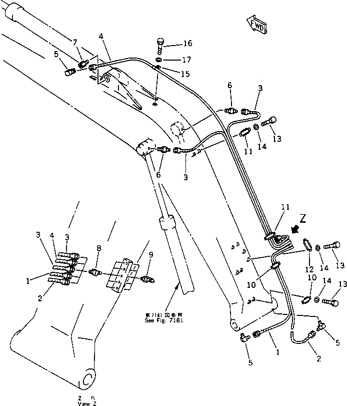 Komatsu parts book diagram for PC100-5 S/N 28001-UP: WORK EQUIPMENT LUBRICATION PIPING