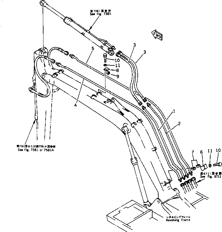 Komatsu parts book diagram for PC100-5 S/N 28001-UP: HYDRAULIC PIPING (ARM AND BUCKET CYLINDER LINE) (BOOM SIDE)