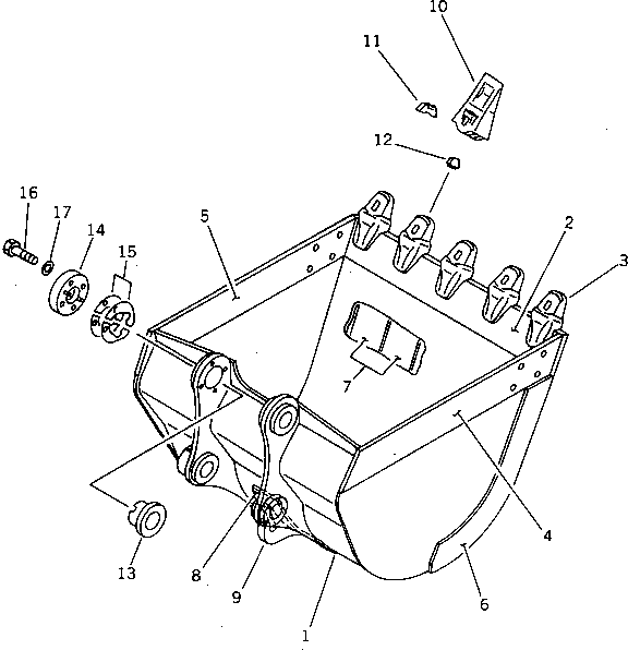 Komatsu parts book diagram for PC100-5 S/N 28001-UP: BUCKET WITH HOOK ? 0.5M3 WIDTH 1000MM (VERTICAL PIN TYPE)         (EXCEPT JAPAN)