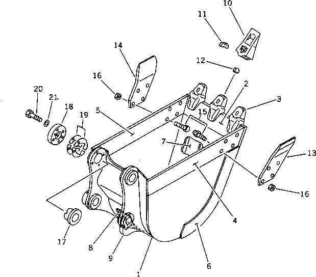 Komatsu parts book diagram for PC100-5 S/N 28001-UP: BUCKET WITH HOOK ? 0.16M3 WIDTH 450MM (VERTICAL PIN TYPE)         (EXCEPT JAPAN)