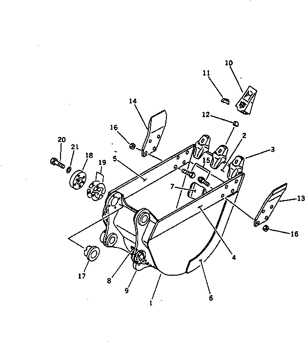 Komatsu parts book diagram for PC100-5 S/N 28001-UP: BUCKET WITH HOOK ? 0.26M3 WIDTH 600MM (VERTICAL PIN TYPE)         (EXCEPT JAPAN)