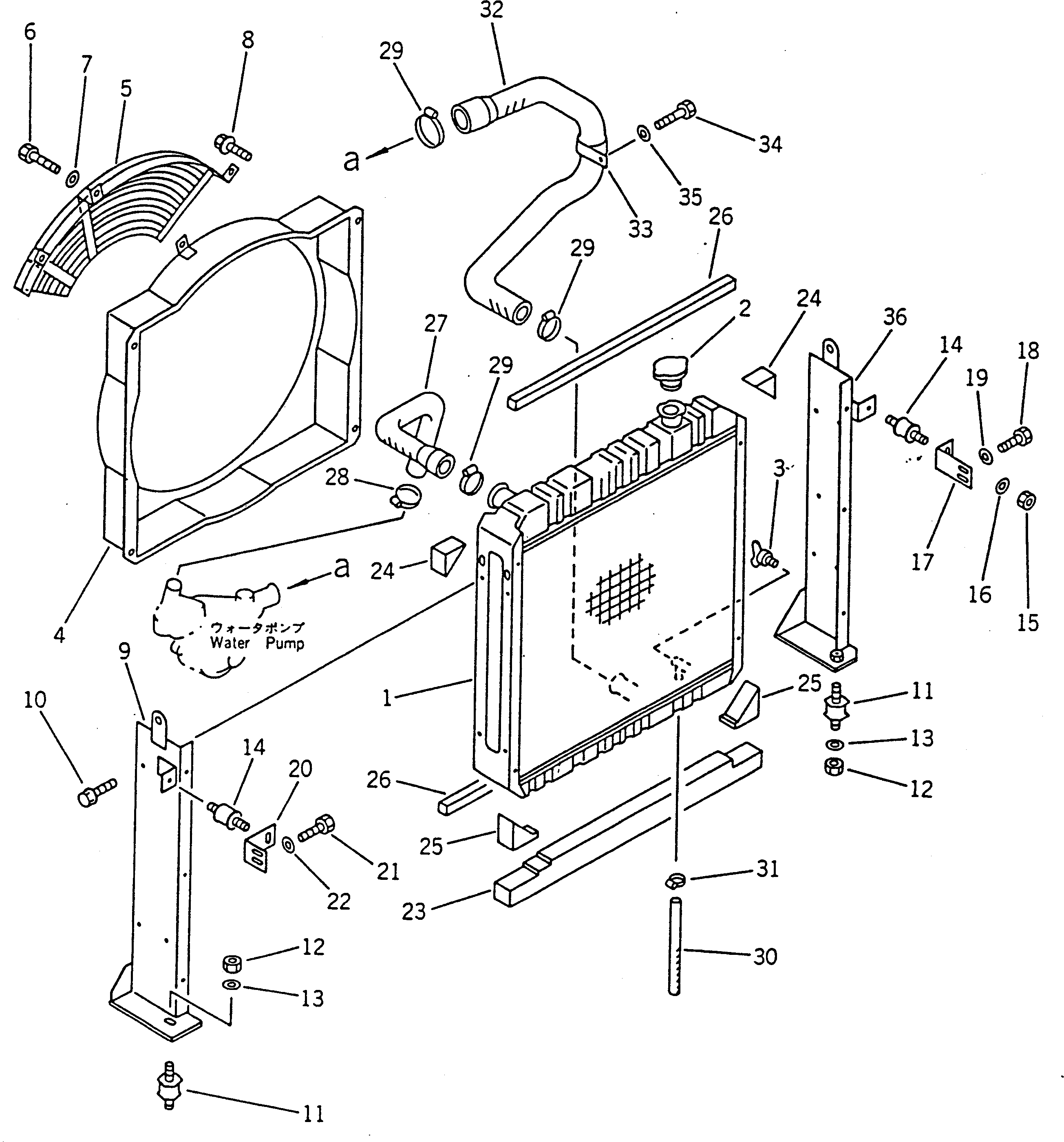 Komatsu parts book diagram for PC100-5 S/N 28001-UP: RADIATOR AND PIPING (WITH CAR COOLER) (FOR JAPAN)(#28001-30184)