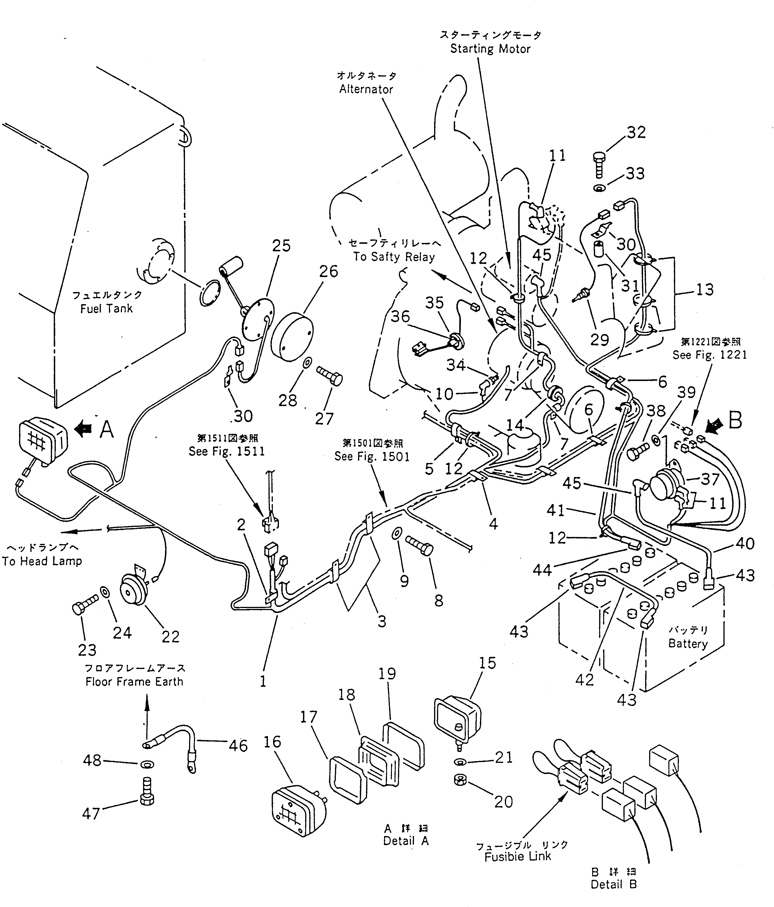 Komatsu parts book diagram for PC100-5 S/N 28001-UP: ELECTRICAL SYSTEM (WORK LAMP ? HORN AND SENSOR LINE)(#28001-32401)