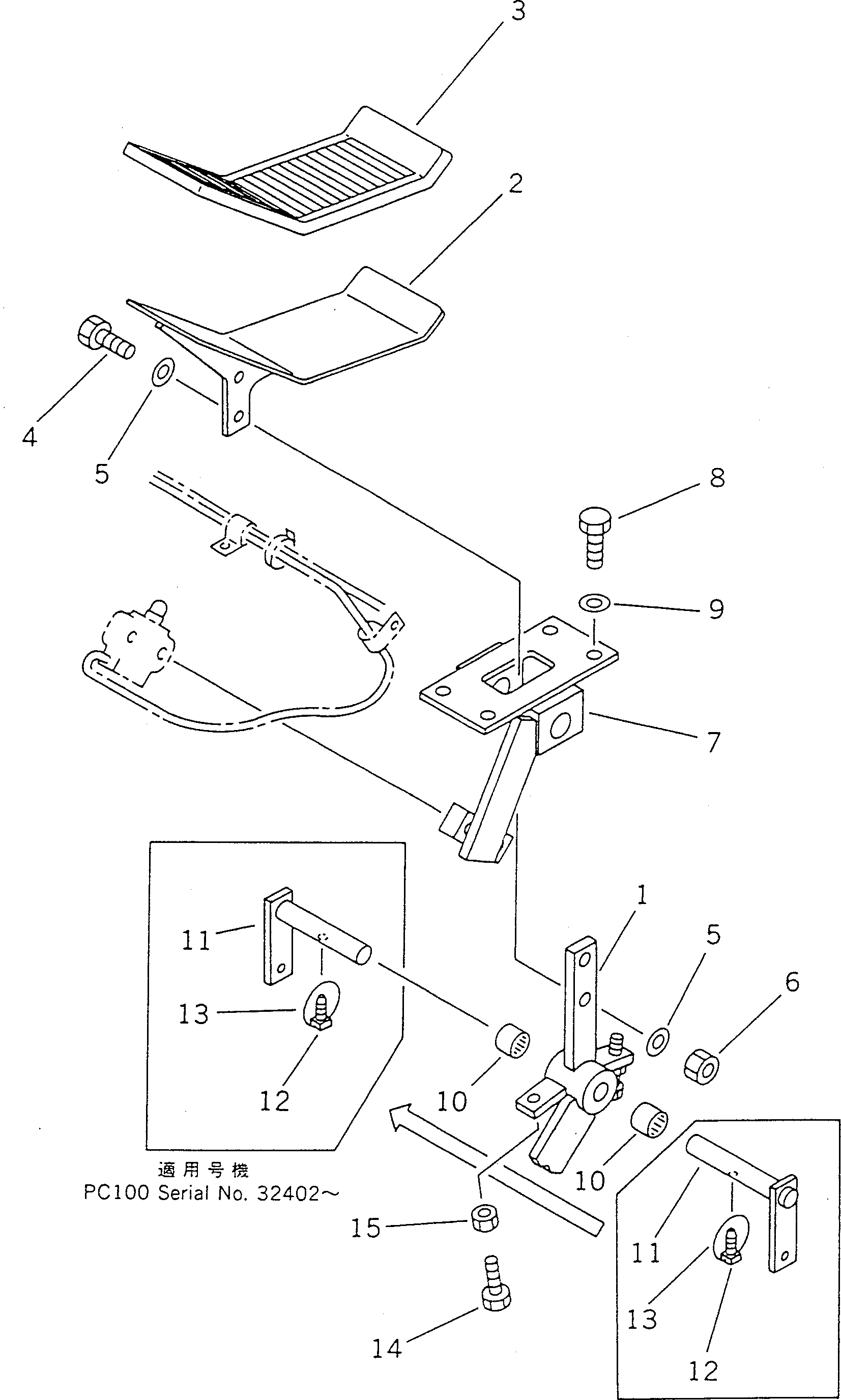 Komatsu parts book diagram for PC100-5 S/N 28001-UP: CONTROL PEDAL AND LINKAGE (1/3) (CRUSHER AND OTHER ATTACHMENT)