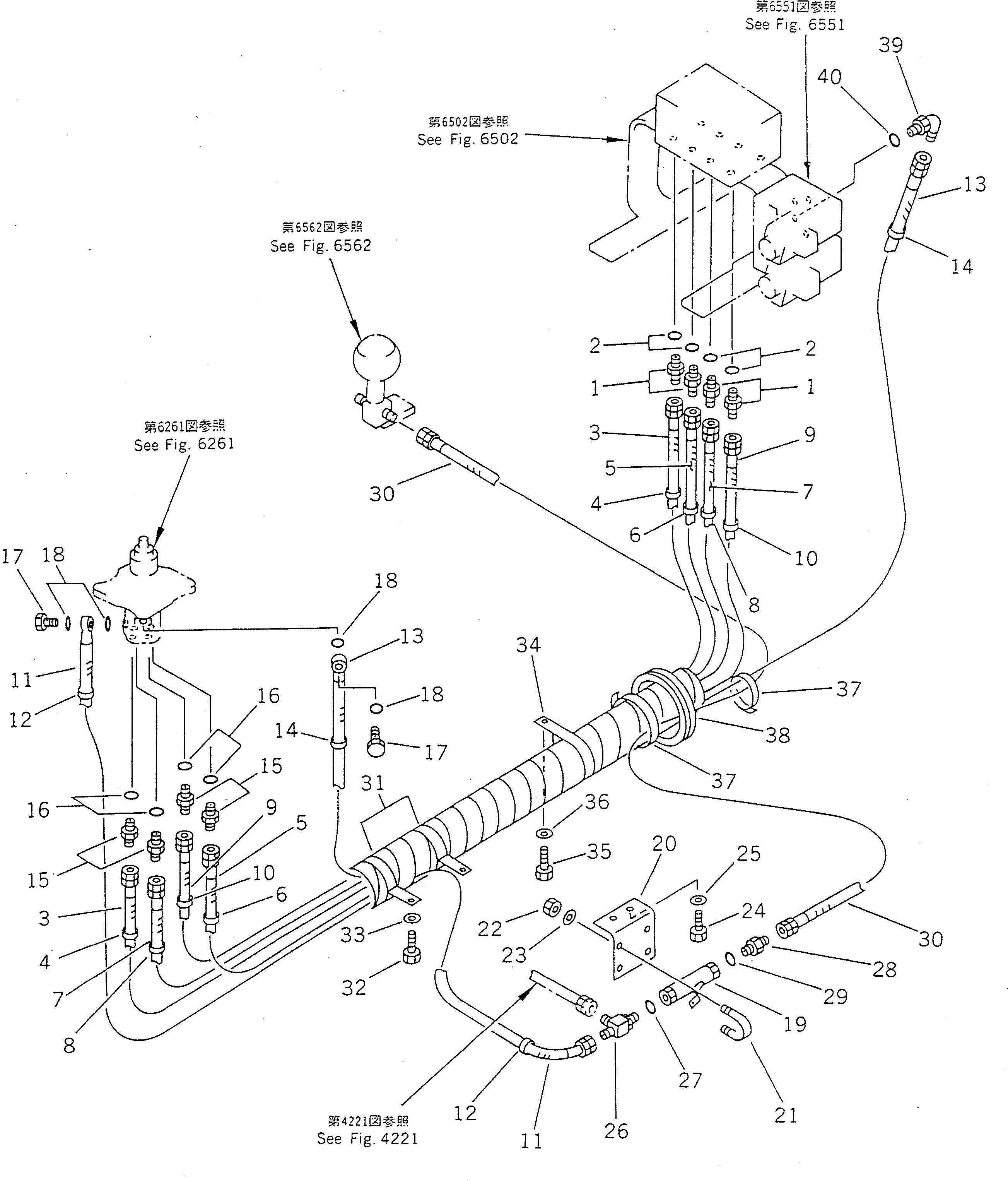 Komatsu parts book diagram for PC100-5 S/N 28001-UP: HYDRAULIC PIPING (WORK EQUIPMENT CONTROL ? L.H.) (FOR LONG LEVER  CONTROL) (KOMATSU PATTERN)(#28001-29805)