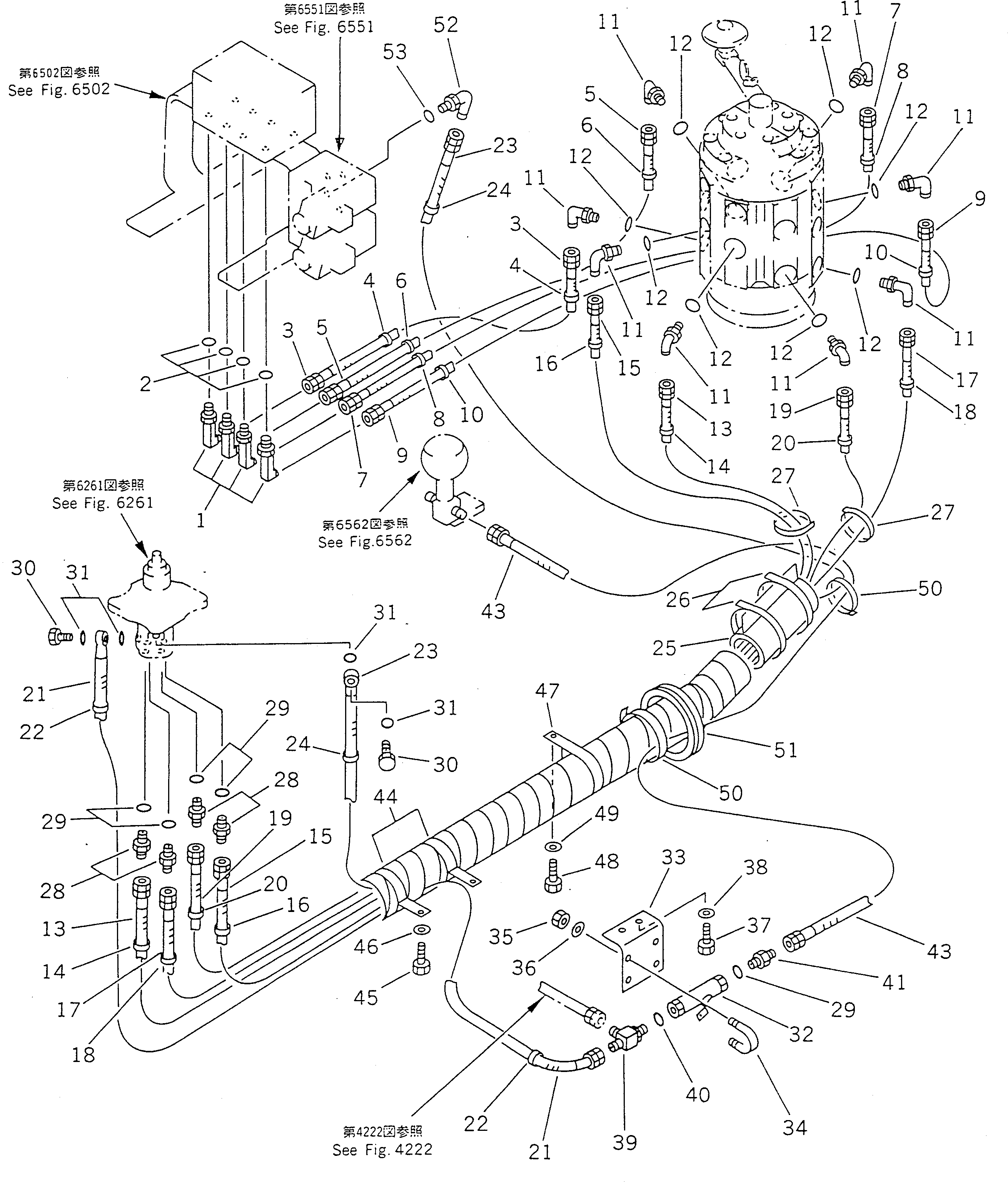 Komatsu parts book diagram for PC100-5 S/N 28001-UP: HYDRAULIC PIPING (WORK EQUIPMENT CONTROL ? L.H.) (FOR LONG LEVER  CONTROL)(MULTI PATTERN) (FOR JAPAN)(#28001-29805)