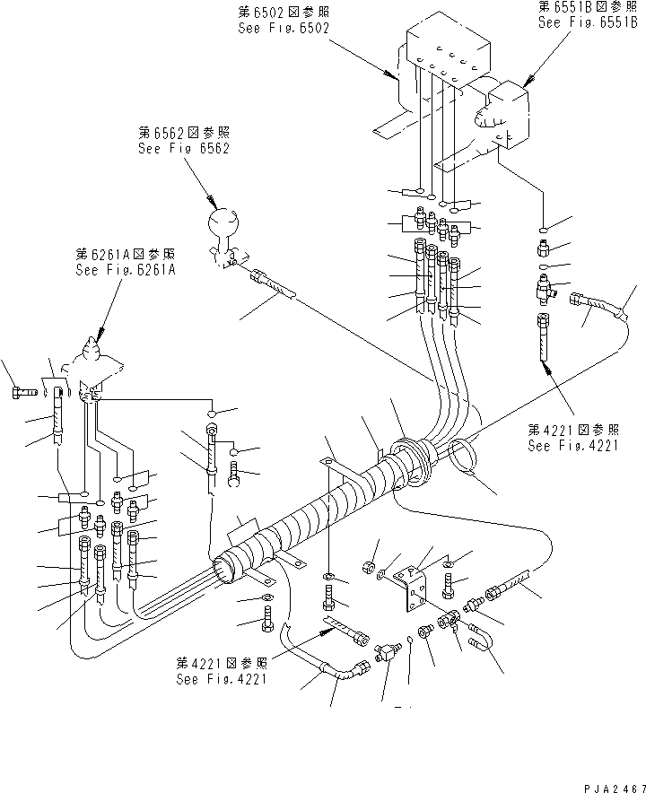 Komatsu parts book diagram for PC100-5 S/N 28001-UP: HYDRAULIC PIPING (WORK EQUIPMENT CONTROL ? L.H.) (FOR LONG LEVER) (JIS PATTERN #34685-) (FOR JAPAN)(#34685-)
