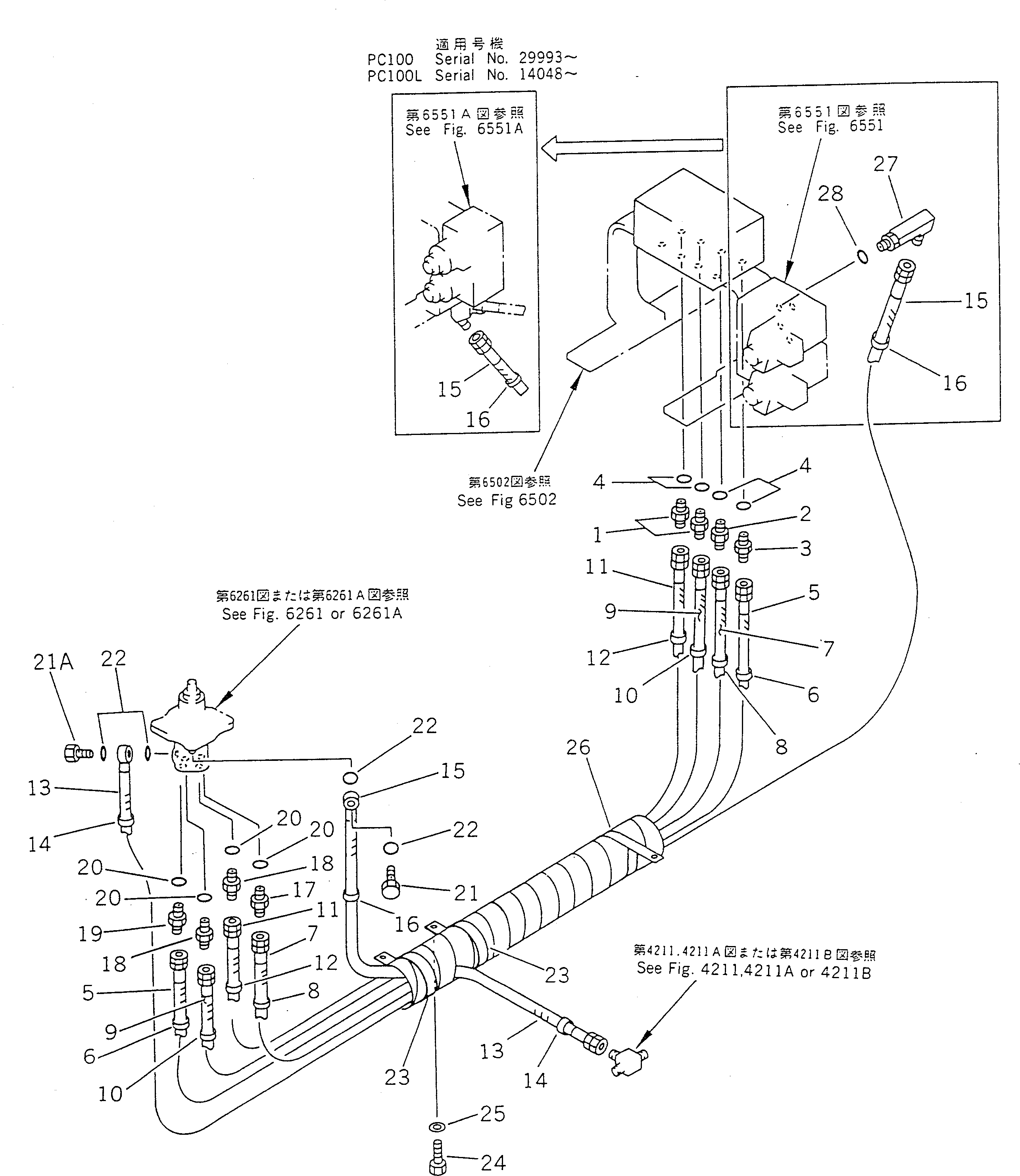 Komatsu parts book diagram for PC100-5 S/N 28001-UP: HYDRAULIC PIPING (WORK EQUIPMENT CONTROL ? R.H.) (FOR LONG LEVER  CONTROL)