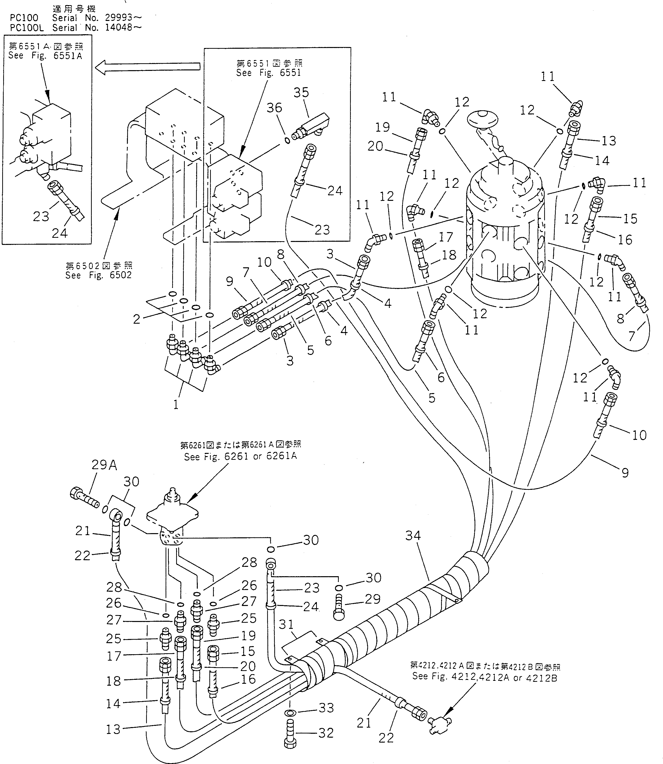 Komatsu parts book diagram for PC100-5 S/N 28001-UP: HYDRAULIC PIPING (WORK EQUIPMENT CONTROL ? R.H.) (FOR LONG LEVER  CONTROL)(MULTI PATTERN) (FOR JAPAN)