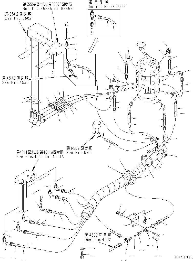Komatsu parts book diagram for PC100-5 S/N 28001-UP: HYDRAULIC PIPING (WORK EQUIPMENT CONTROL ? L.H.) (MULTI PATTERN)  (FOR WRIST CONTROL) (FOR JAPAN)(#29993-)