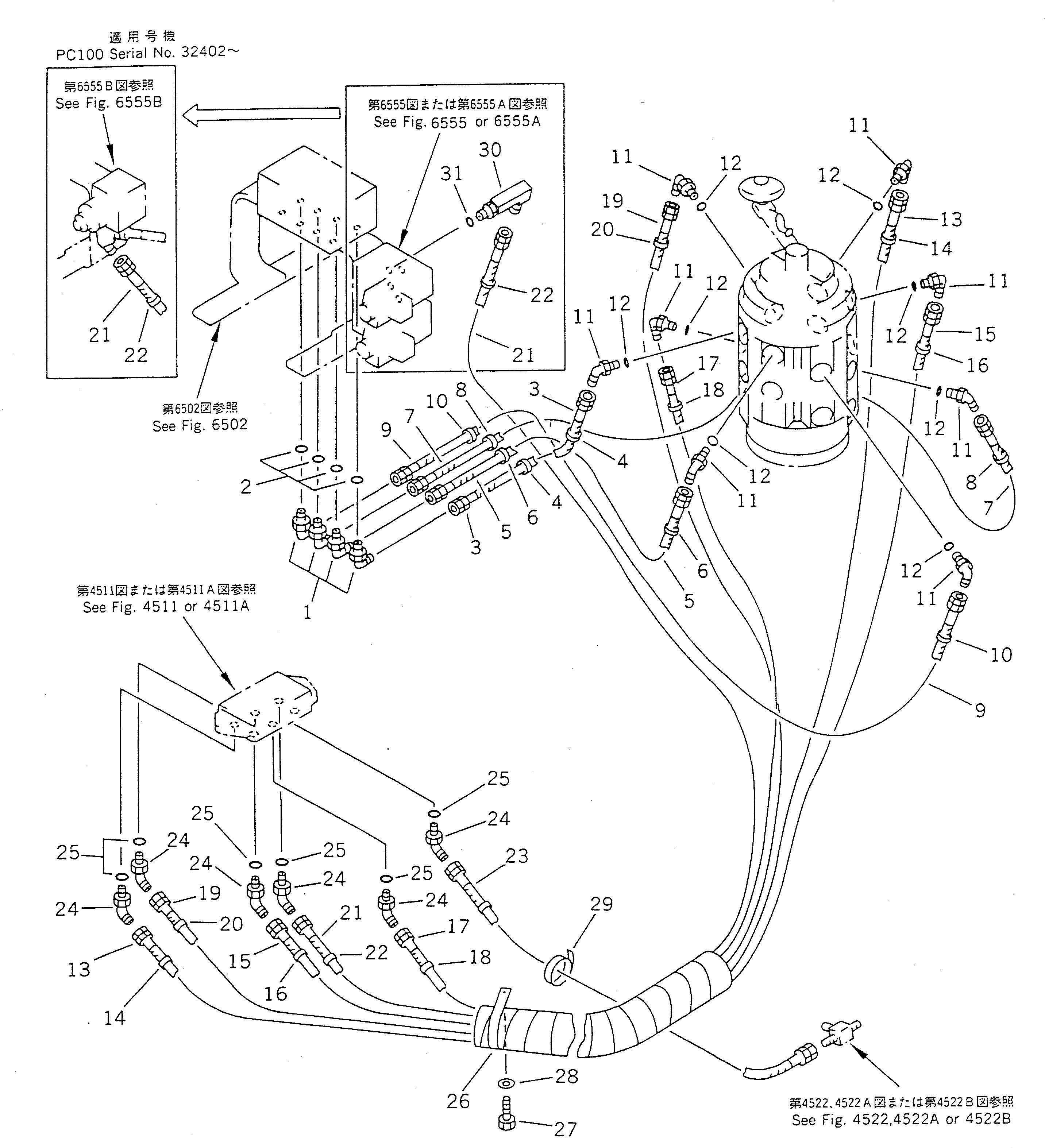 Komatsu parts book diagram for PC100-5 S/N 28001-UP: HYDRAULIC PIPING (WORK EQUIPMENT CONTROL ? R.H.) (MULTI PATTERN)  (FOR WRIST CONTROL) (FOR JAPAN)