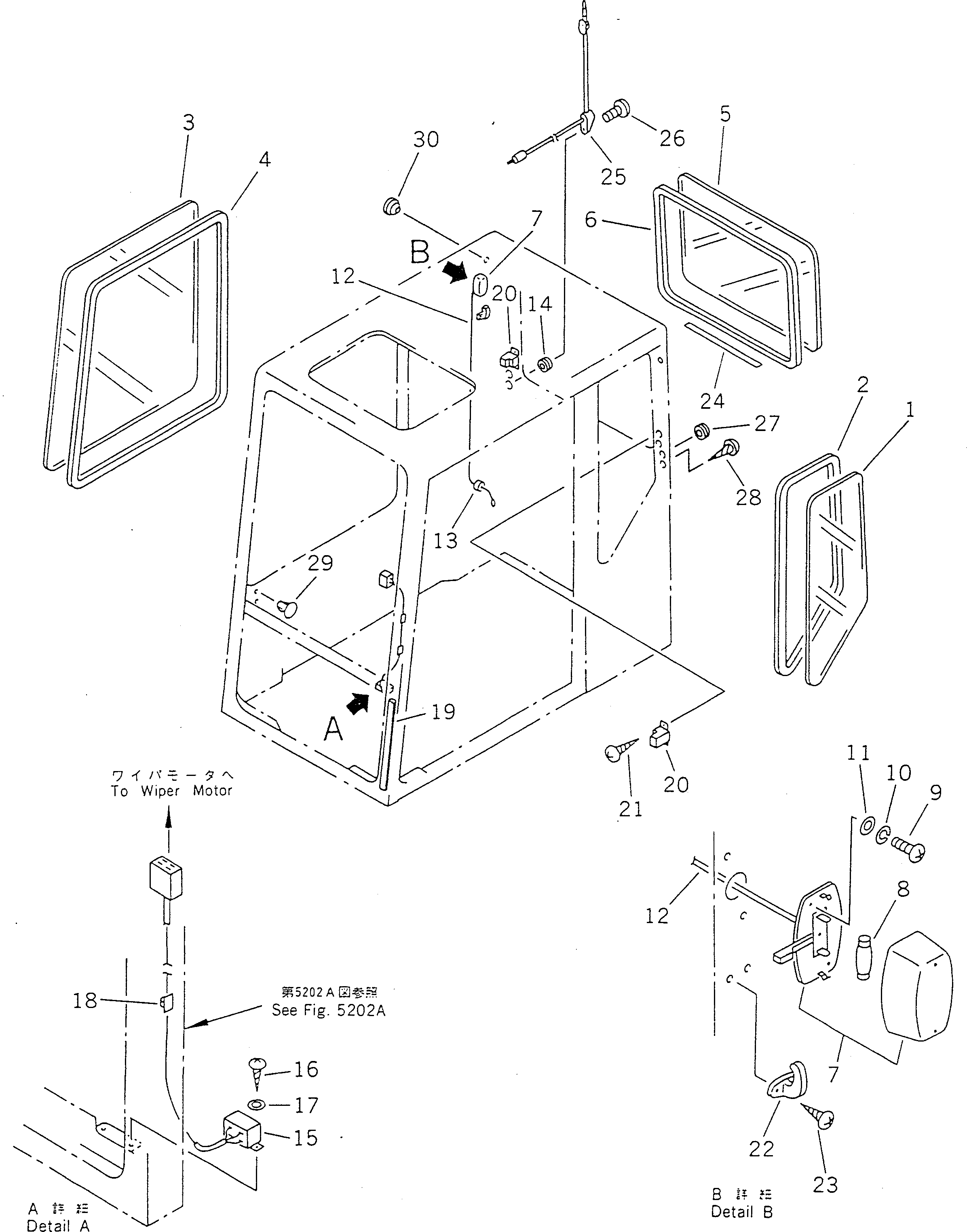 Komatsu parts book diagram for PC100-5 S/N 28001-UP: OPERATOR'S CAB (4/7) (SIDE AND REAR WINDOW)(#28313-)