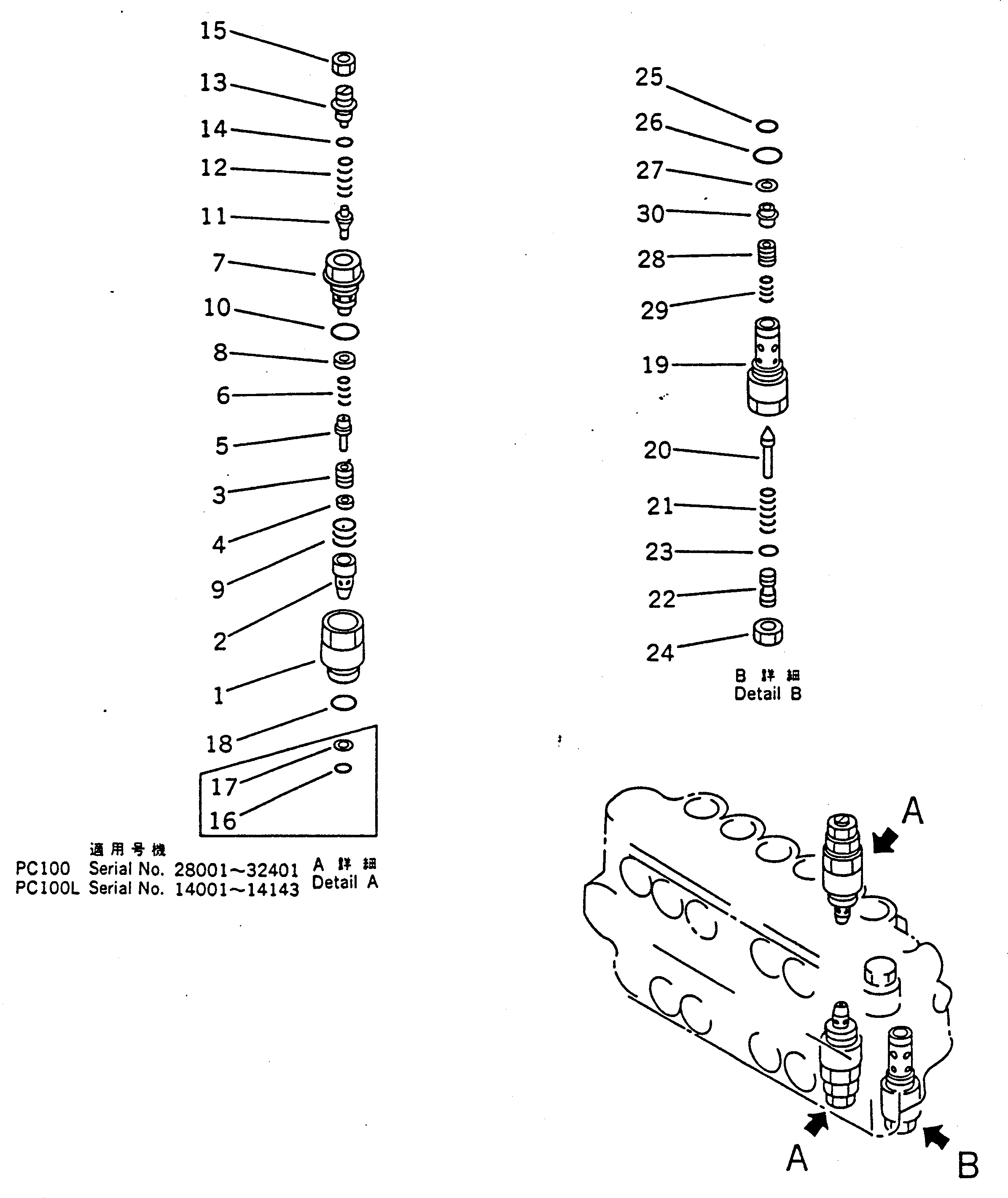 Komatsu parts book diagram for PC100-5 S/N 28001-UP: HYDRAULIC CONTROL VALVE L.H.(4/4)