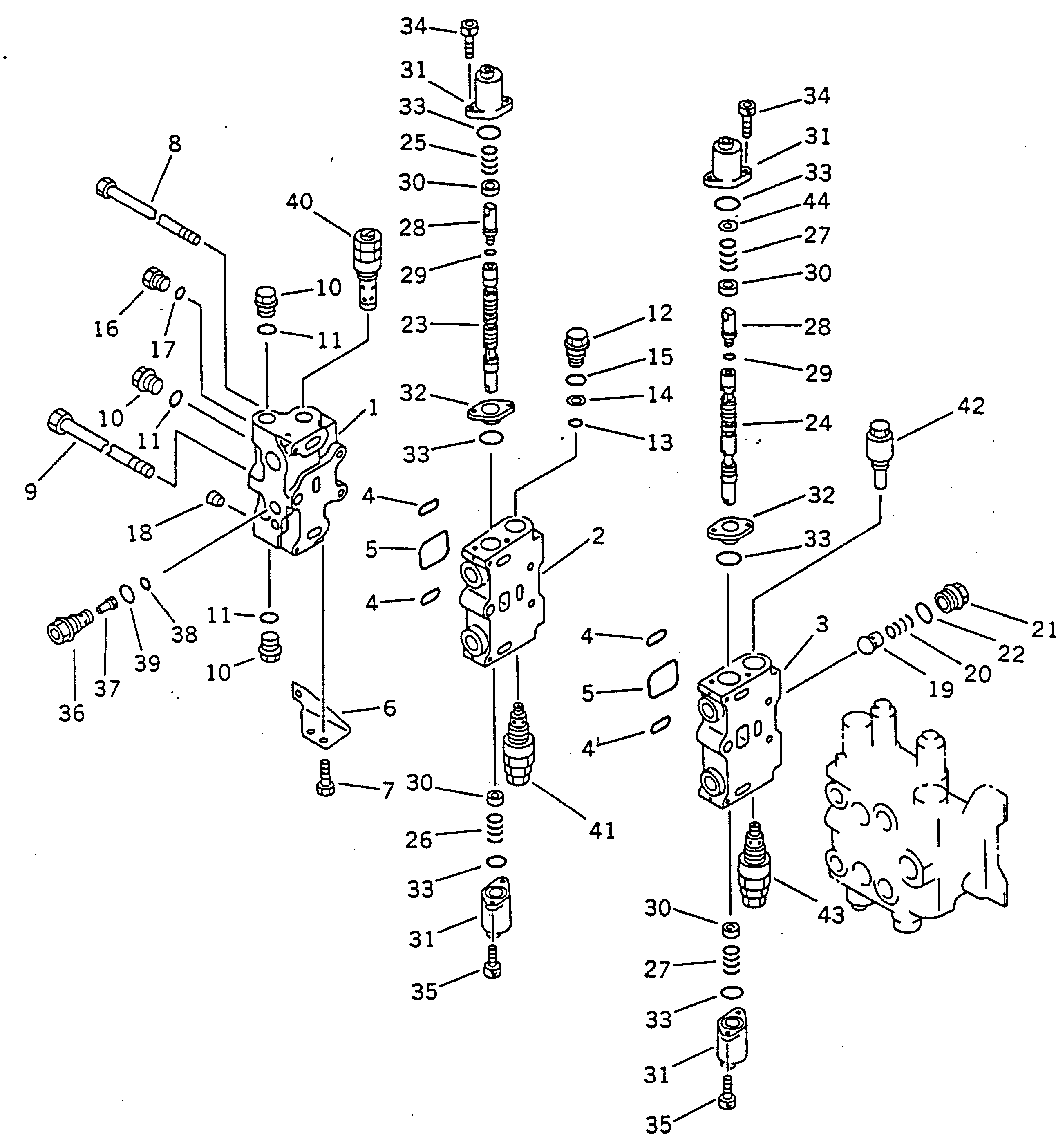 Komatsu parts book diagram for PC100-5 S/N 28001-UP: HYDRAULIC CONTROL VALVE R.H.(1/4)
