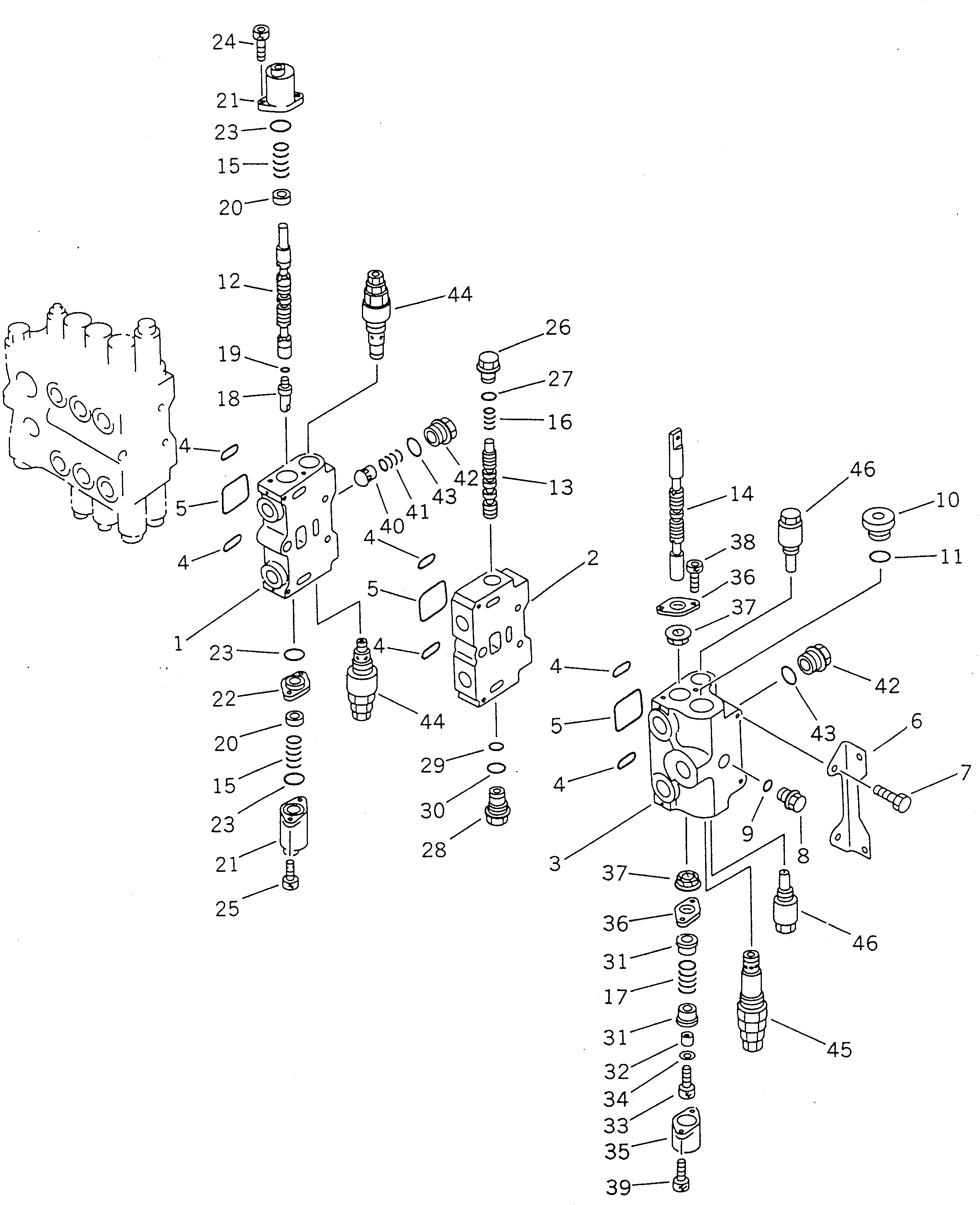 Komatsu parts book diagram for PC100-5 S/N 28001-UP: HYDRAULIC CONTROL VALVE R.H. (2/4) (WIHT SERVICE VALVE)(#28001-32401)