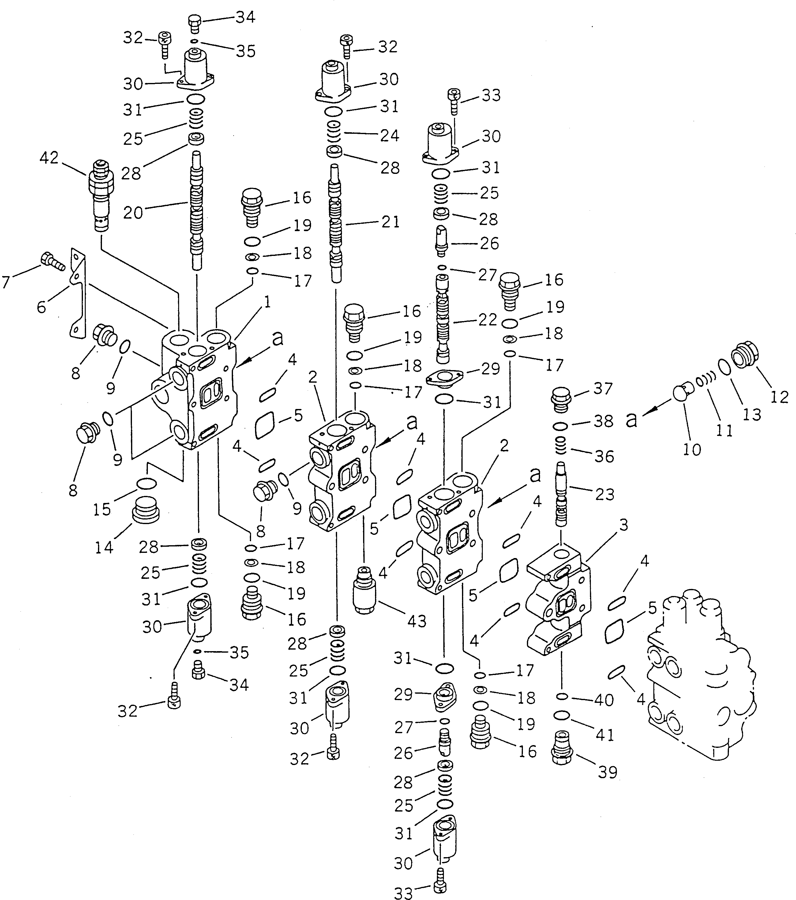 Excavators Komatsu / PC100-5 S/N 28001-UP(pc100-5r) / HYDRAULIC CONTROL VALVE L.H. (1/4) (WITH P.P.C. SERVICE VALVE)   (FOR ATTACHMENT) (FOR JAPAN)(#32402-)(180340 : 6221)