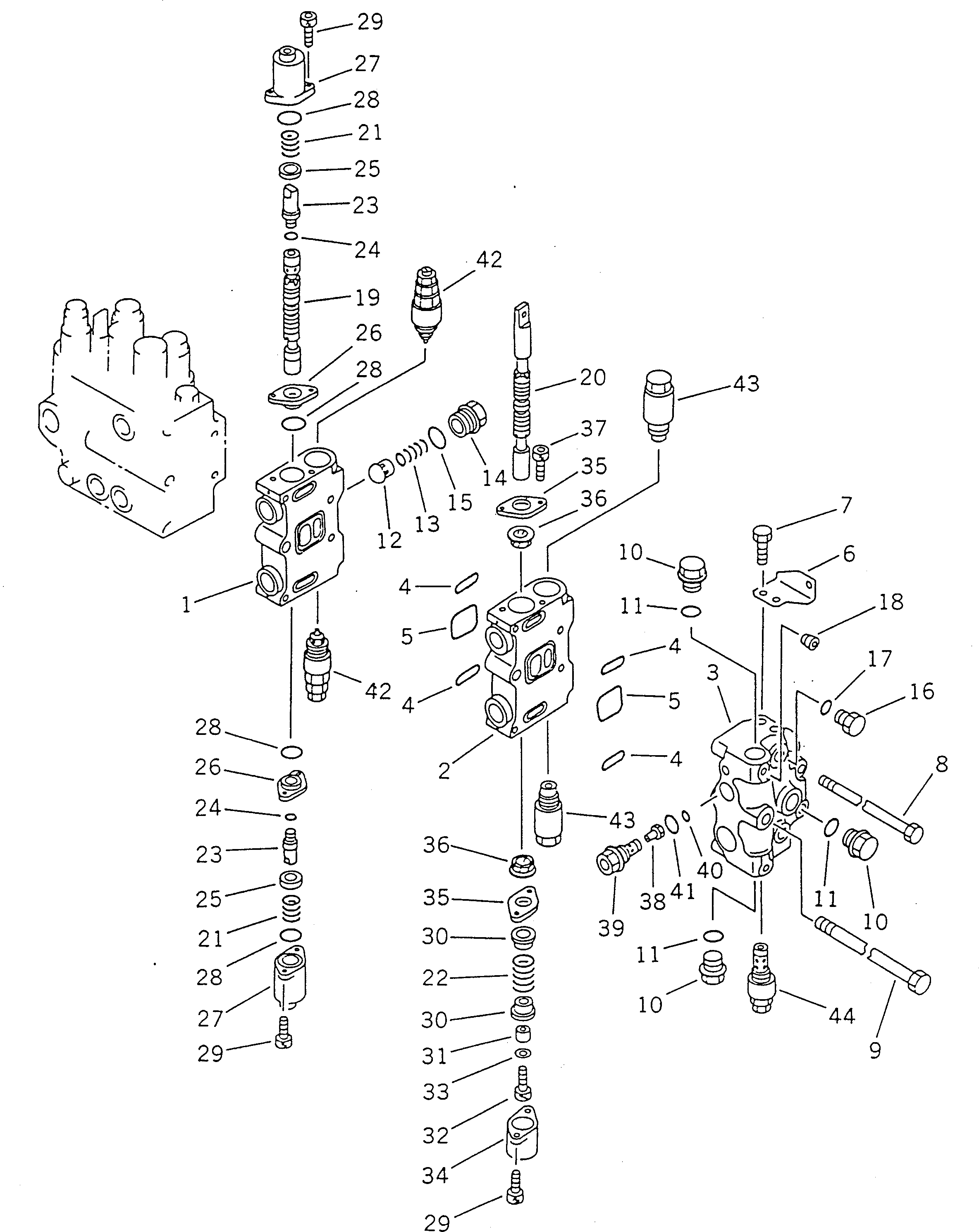 Komatsu parts book diagram for PC100-5 S/N 28001-UP: HYDRAULIC CONTROL VALVE L.H. (2/4) (WITH P.P.C. SERVICE VALVE)   (ATTACHMENT) (FOR JAPAN)(#32402-)