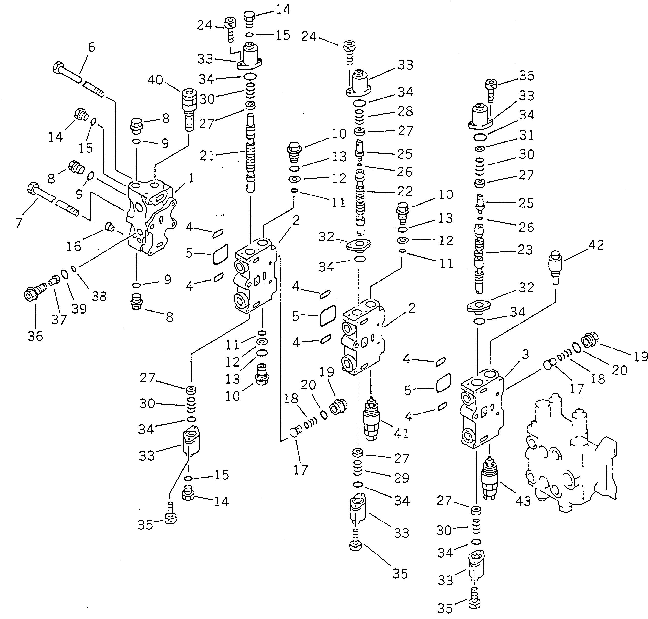 Komatsu parts book diagram for PC100-5 S/N 28001-UP: HYDRAULIC CONTROL VALVE R.H. (1/4) (WITH P.P.C. SERVICE VALVE)   (ATTACHMENT) (FOR JAPAN)(#32402-)