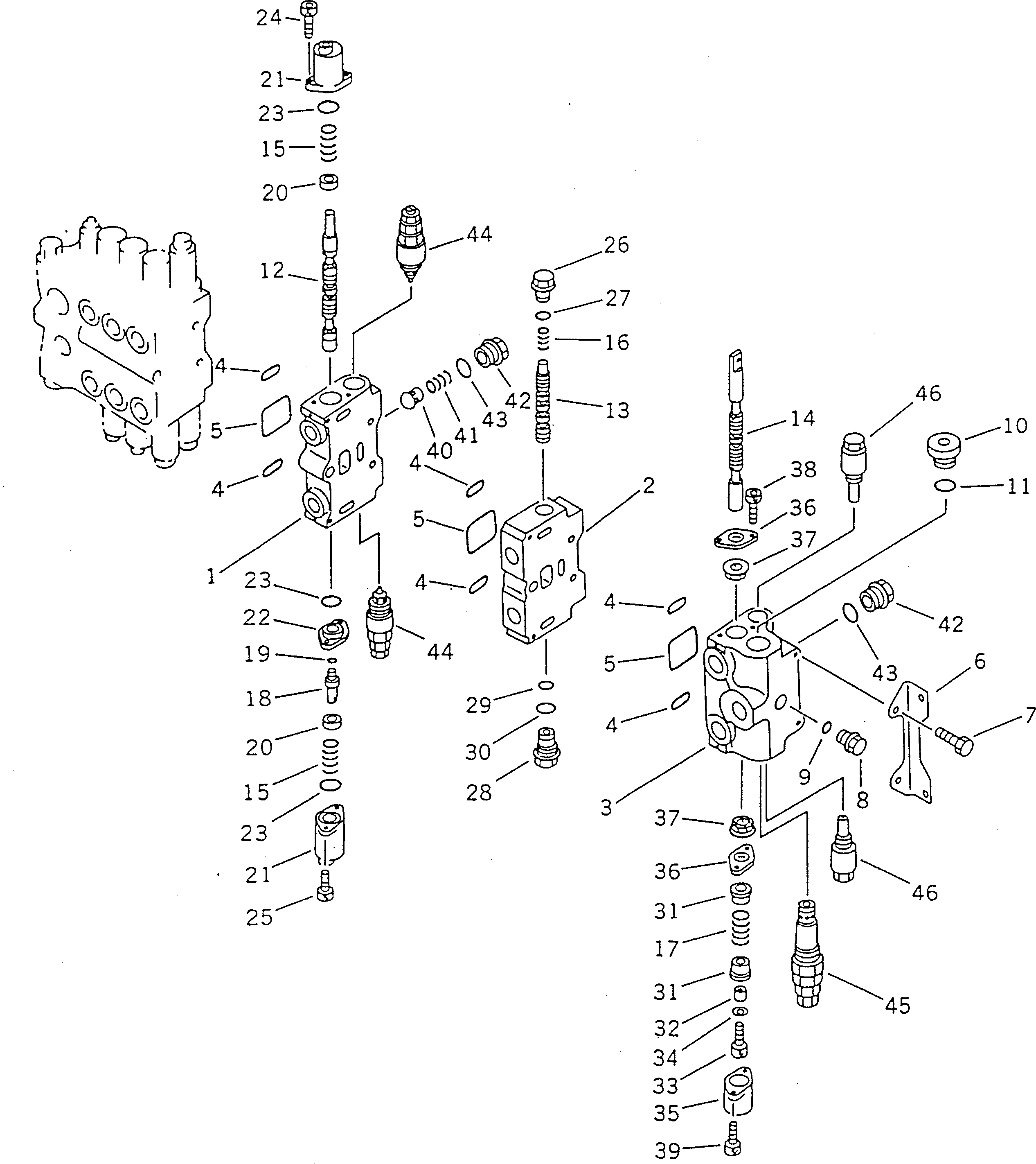 Excavators Komatsu / PC100-5 S/N 28001-UP(pc100-5r) / HYDRAULIC CONTROL VALVE R.H. (2/4) (WITH P.P.C. SERVICE VALVE)   (ATTACHMENT) (FOR JAPAN)(#32402-)(180390 : 6226)