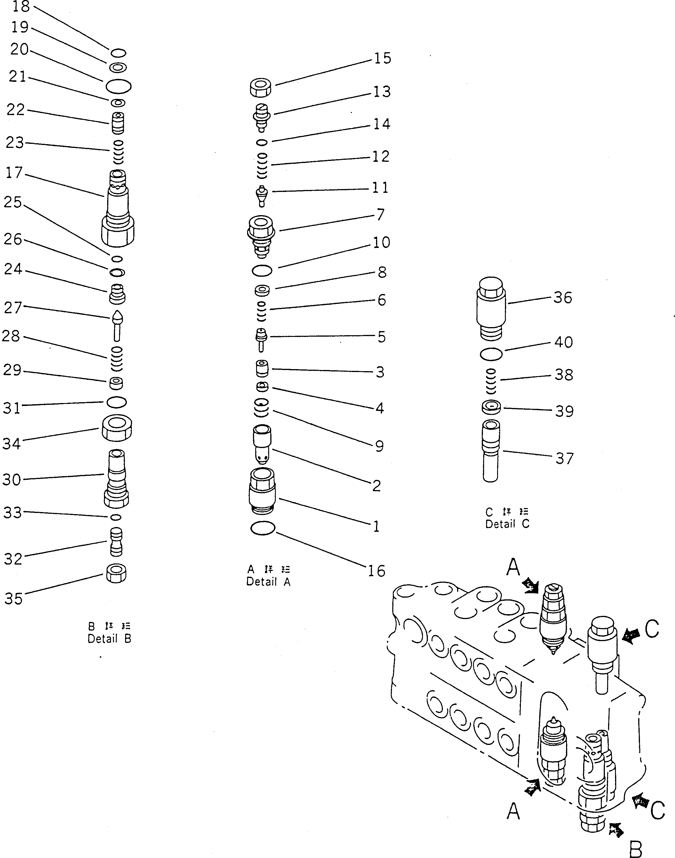 Komatsu parts book diagram for PC100-5 S/N 28001-UP: HYDRAULIC CONTROL VALVE R.H. (4/4) (WITH P.P.C. SERVICE VALVE)   (ATTACHMENT) (FOR JAPAN)(#32402-)