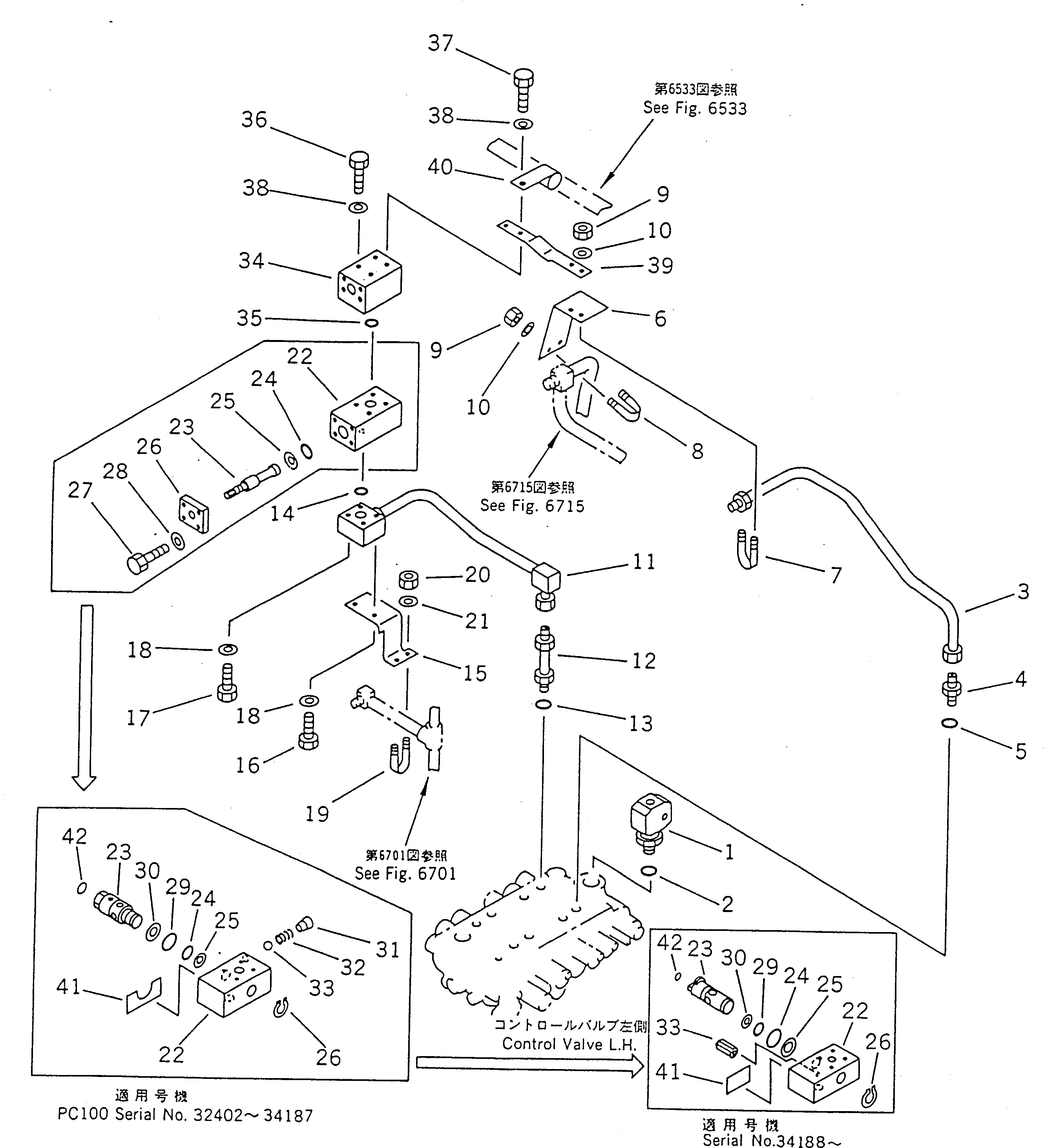 Komatsu parts book diagram for PC100-5 S/N 28001-UP: HYDRAULIC PIPING (OIL COOLER AND RETURN LINE) (1/2)              (FOR BRAKER AND OTHER ATTACHMENT)
