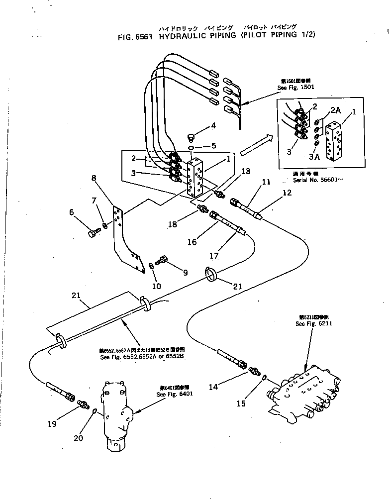 Komatsu parts book diagram for PC100-5 S/N 28001-UP: HYDRAULIC PIPING (PILOT PIPING 1/2)