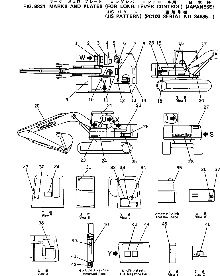 Komatsu parts book diagram for PC100-5 S/N 28001-UP: MARKS AND PLATES (FOR LONG LEVER CONTROL) (JIS PATTERN #34685-)  (JAPANESE)(#34685-)