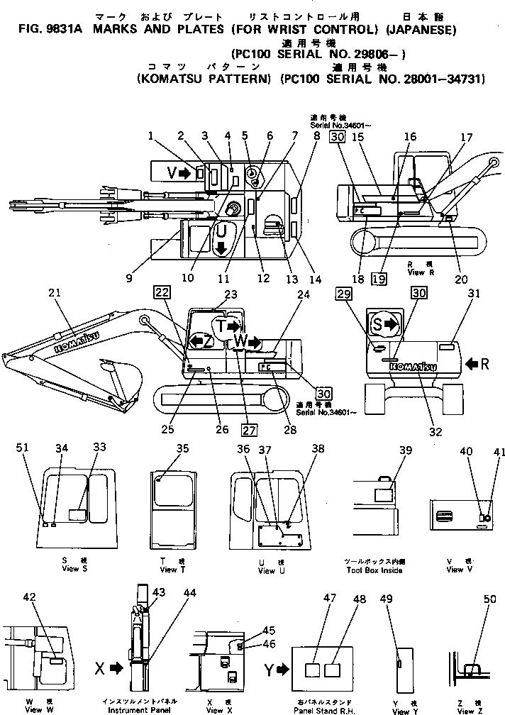 Komatsu parts book diagram for PC100-5 S/N 28001-UP: MARKS AND PLATES (FOR WRIST CONTROL LEVER) (KOMATSU PATTERN      #29806-34731) (JAPANESE)(#29806-)