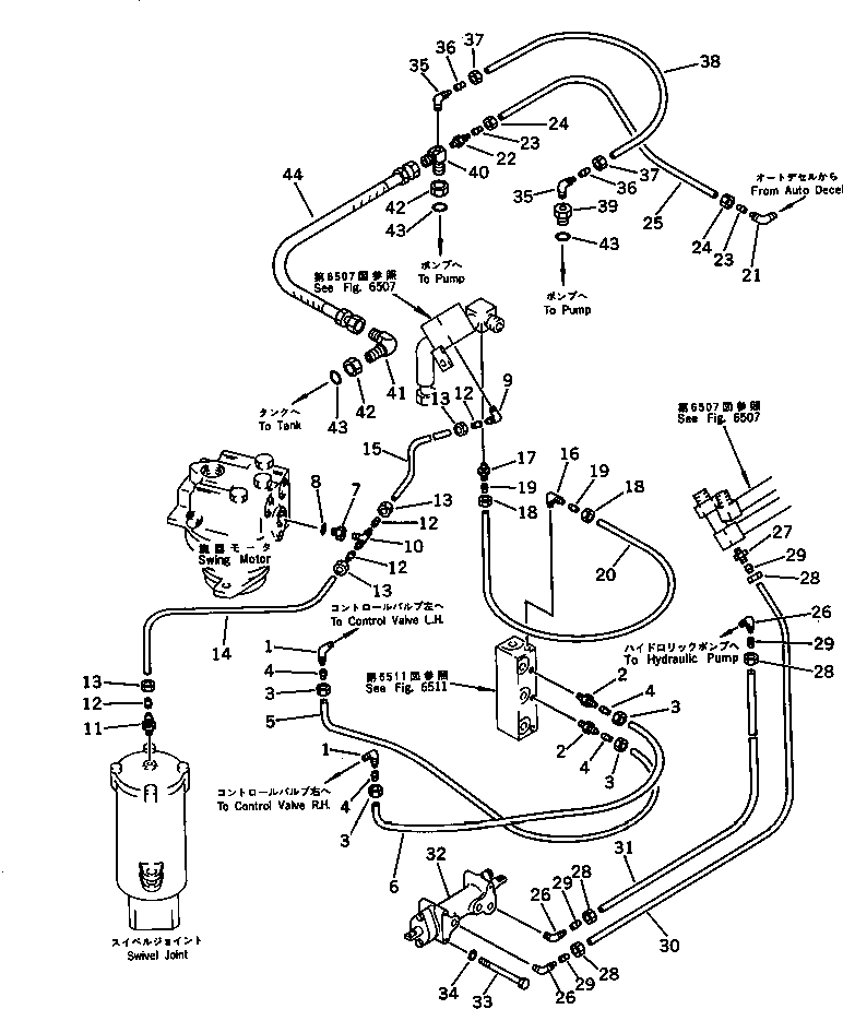 Excavators Komatsu / PC100-3 S/N 18001-UP (TBG. Spec. (Germany))(pc100-7c) / HYDRAULIC PIPING (VALVE TO OIL COOLER TO TANK) (2/2)             (WITH AUTO DECELERATION)(#18001-20399)(180460 : 6509)