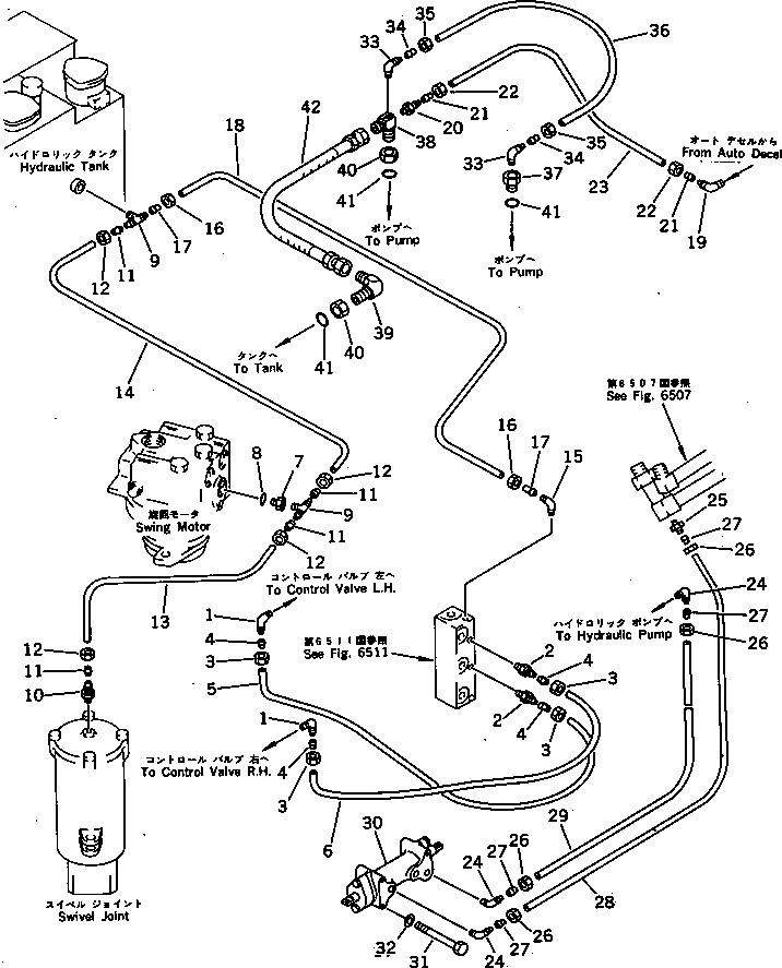 Excavators Komatsu / PC100-3 S/N 18001-UP (TBG. Spec. (Germany))(pc100-7c) / HYDRAULIC PIPING (VALVE TO OIL COOLER TO TANK) (2/2)             (WITH AUTO DECELERATION)(#20400-)(180470 : 6509A)