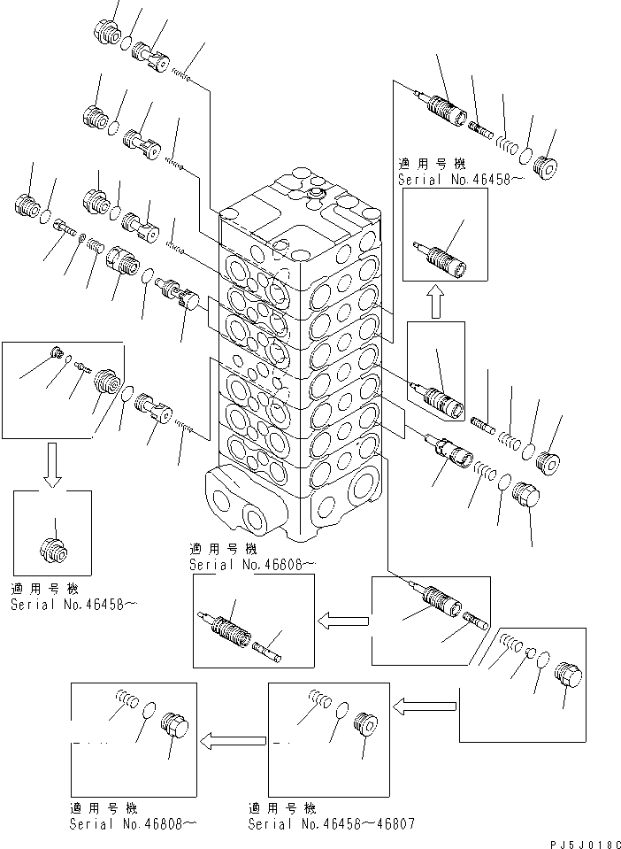 Komatsu parts book diagram for PC100-6Z S/N 40001-UP: MAIN VALVE (7-VALVE) (3/13) (CUSTOM)(#45438-46826)
