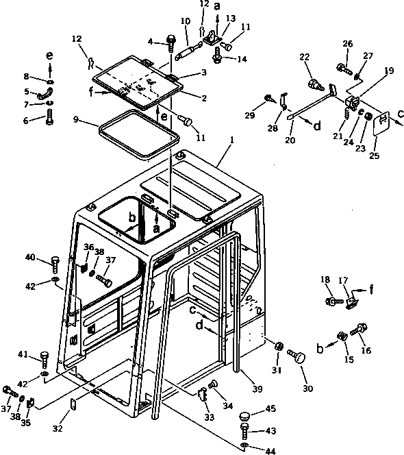 Komatsu parts book diagram for PC1000-1 S/N 10001-UP: LOW MOUNT OPERATOR'S CAB (REAR WINDOW RIGID TYPE) (1/7)(#10158-10353)
