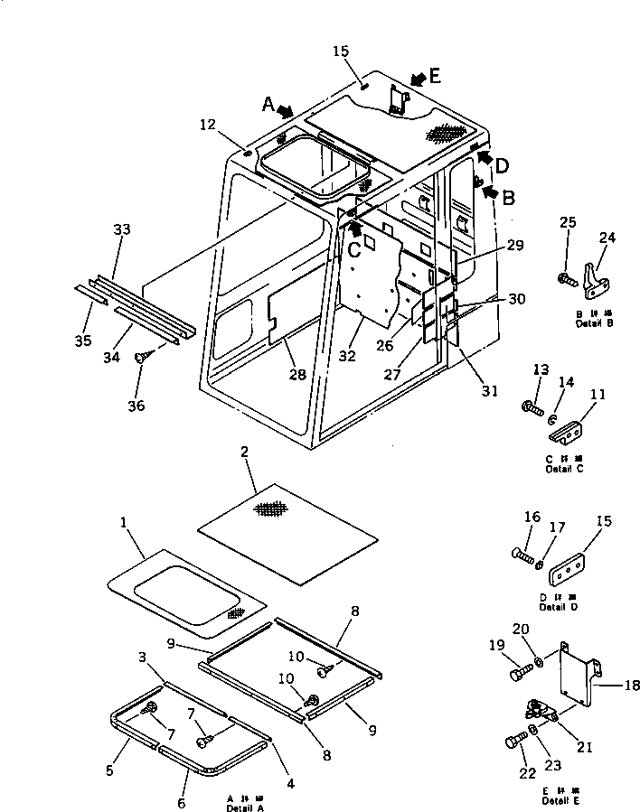 Komatsu parts book diagram for PC1000-1 S/N 10001-UP: HIGH MOUNT OPERATOR'S CAB (REAR WINDOW RIGED TYPE) (3/6)(#10001-10157)