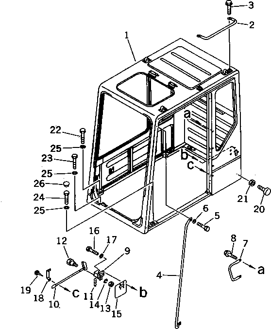 Komatsu parts book diagram for PC1000-1 S/N 10001-UP: HIGH MOUNT OPERATOR'S CAB (REAR WINDOW RIGID TYPE) (WITH RIGHT   WINDOW GUARD) (1/9)(#10354-)