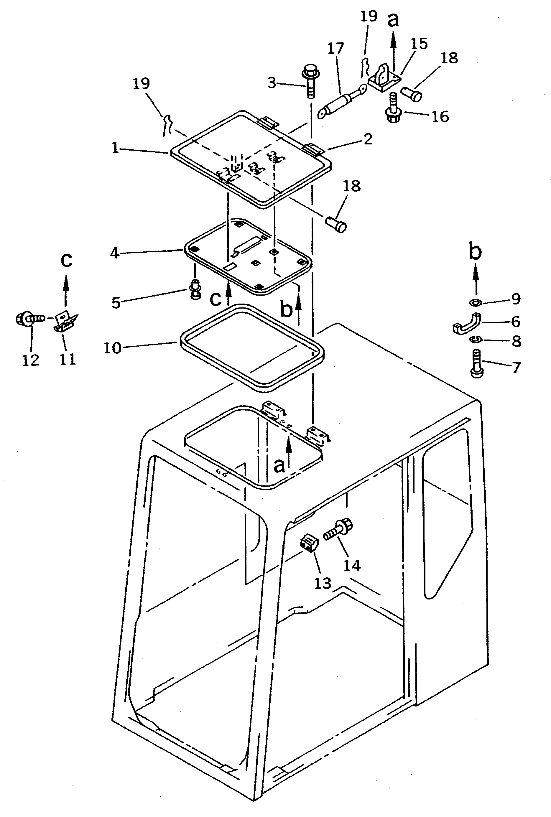 Komatsu parts book diagram for PC1000-1 S/N 10001-UP: HIGH MOUNT OPERATOR'S CAB (RIGHT AND REAR WINDOW RIGID TYPE) (4/9)(#10377-)