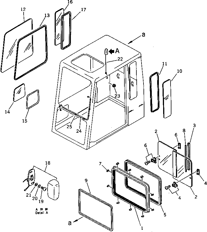 Komatsu parts book diagram for PC1000-1 S/N 10001-UP: HIGH MOUNT OPERATOR'S CAB (REAR WINDOW SASH TYPE) (4/6)(#10001-10274)