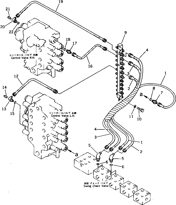 Komatsu parts book diagram for PC1000-1 S/N 10001-UP: PPC CHECK VALVE TO/FROM CONTROL VALVE PIPING                     (FOR BOTTOM DUMP LOADER)