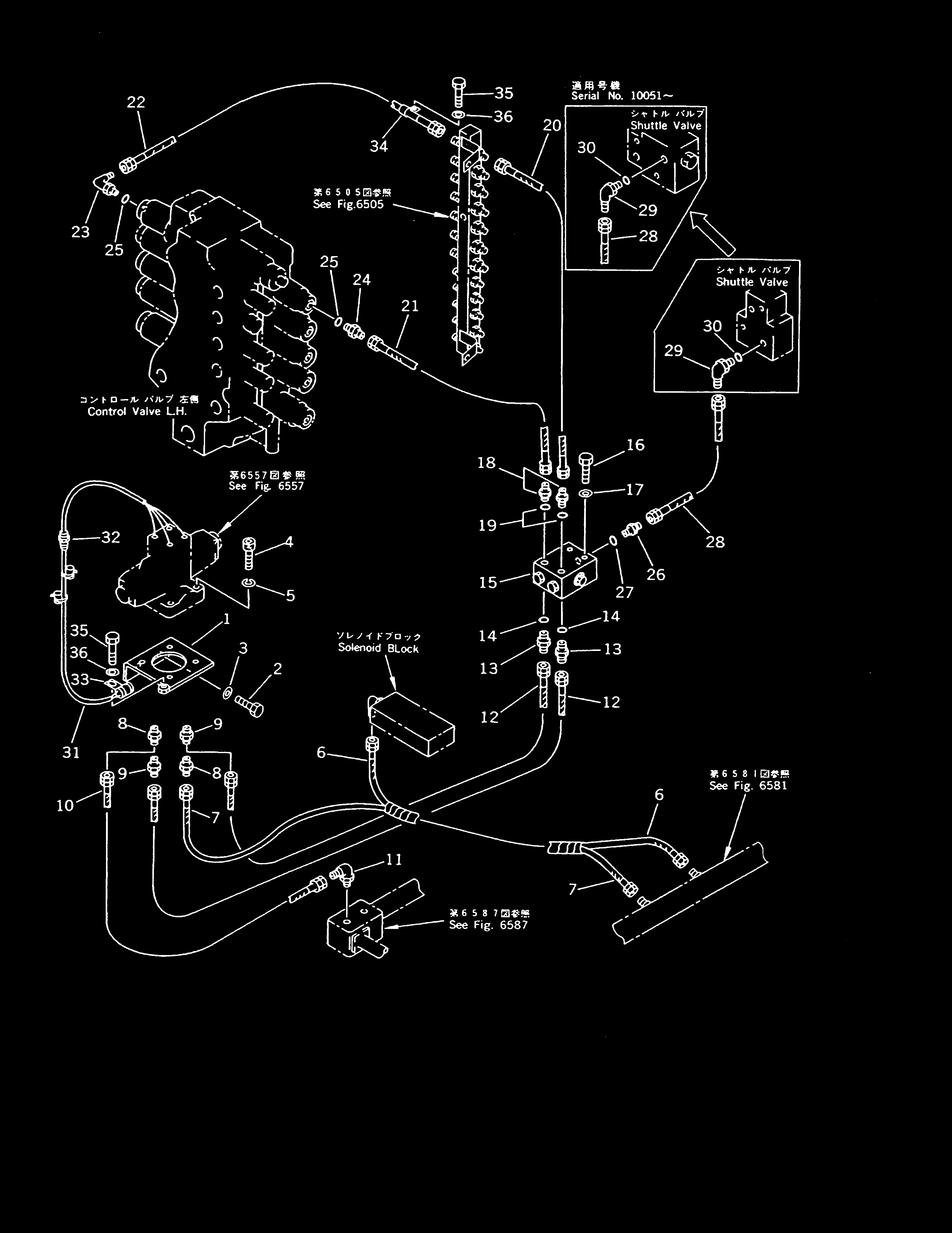 Komatsu parts book diagram for PC1000-1 S/N 10001-UP: BOTTOM DUMP SOLENOID VALVE PIPING (FOR BOTTOM DUMP LOADER)