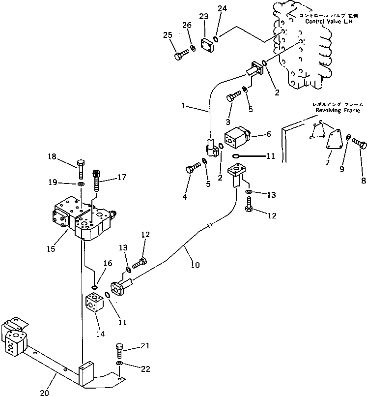Komatsu parts book diagram for PC1000-1 S/N 10001-UP: BOOM CYLINDER PIPING (FOR CONTROL VALVE ? L.H.) (CHASSIS SIDE)(#10001-10020)