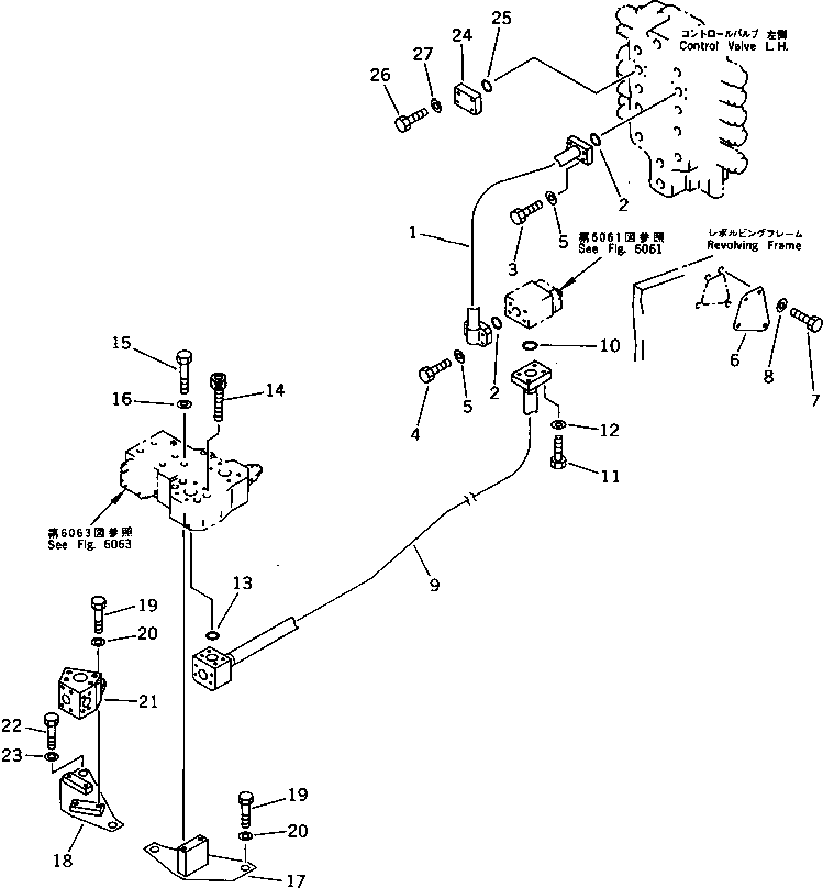 Komatsu parts book diagram for PC1000-1 S/N 10001-UP: BOOM CYLINDER PIPING (FOR CONTROL VALVE ? L.H.) (CHASSIS SIDE)(#10021-)