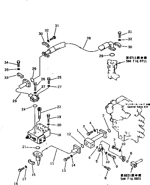 Komatsu parts book diagram for PC1000-1 S/N 10001-UP: ARM CYLINDER BOTTOM PIPING (FOR CONTROL VALVE ? R.H.)             (CHASSIS SIDE)