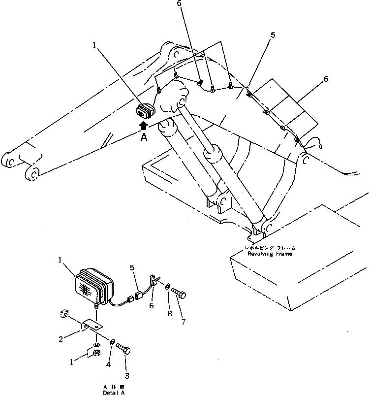 Komatsu parts book diagram for PC1000-1 S/N 10001-UP: WORKING LAMP (BOOM SIDE) (FOR SHORT BOOM)
