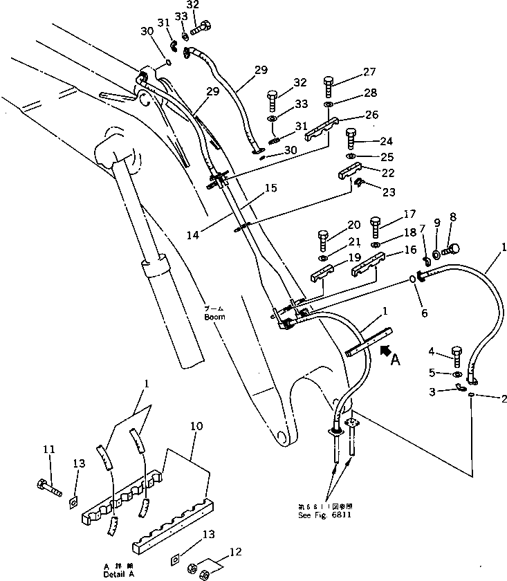 Komatsu parts book diagram for PC1000-1 S/N 10001-UP: ARM CYLINDER PIPING (CYLINDER BOTTOM LINE) (FOR SHORT BOOM)