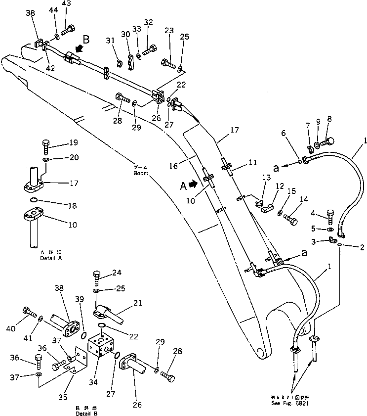 Komatsu parts book diagram for PC1000-1 S/N 10001-UP: BUCKET CYLINDER PIPING (BOOM SIDE) (CYLINDER BOTTOM LINE)        (FOR SHORT BOOM)