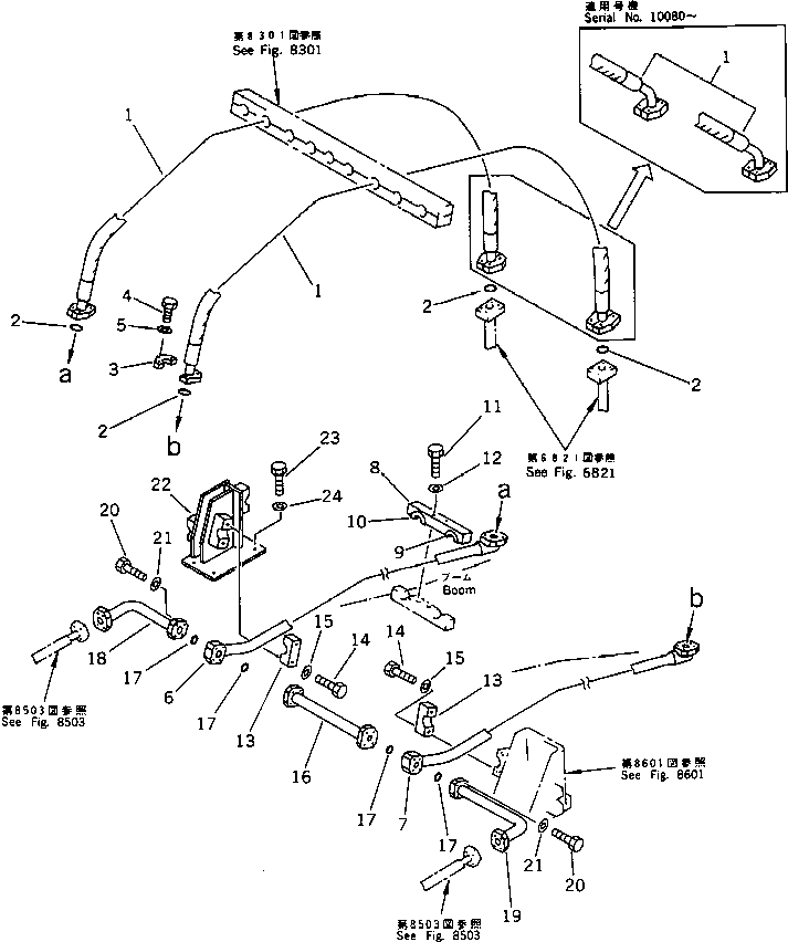 Komatsu parts book diagram for PC1000-1 S/N 10001-UP: BUCKET CYLINDER PIPING (1/3) (FOR LOADER) (BOOM SIDE)