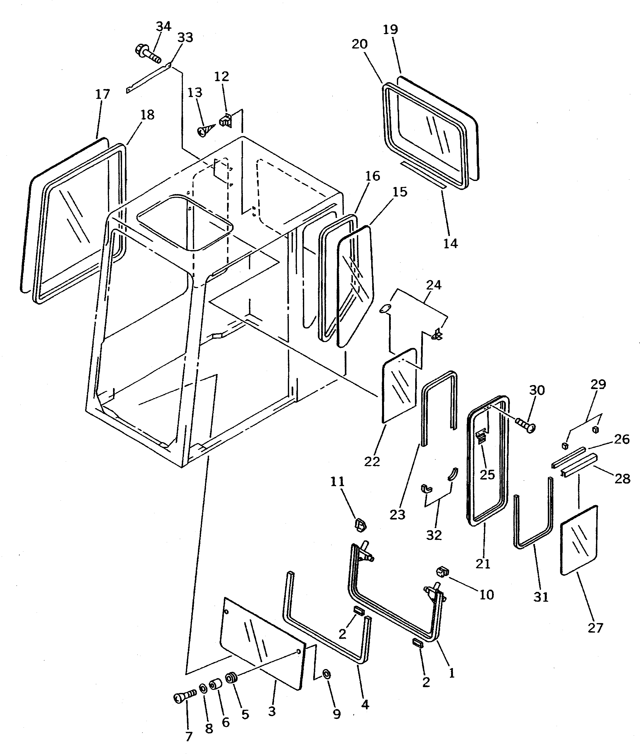 Komatsu parts book diagram for PC1000SP-1 S/N 10001-UP: HIGH MOUNT OPERATOR'S CAB (REAR WINDOW RIGID TYPE) (WITH RIGHT   WINDOW GUARD) (3/9) (F/HEAD GUARD)(#10354-)