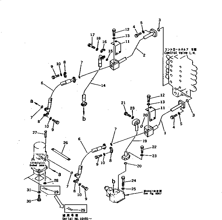 Komatsu parts book diagram for PC1000SP-1 S/N 10001-UP: CONTROL VALVE ? L.H. TO/FROM SWIVEL JOINT PIPING(#10034-)